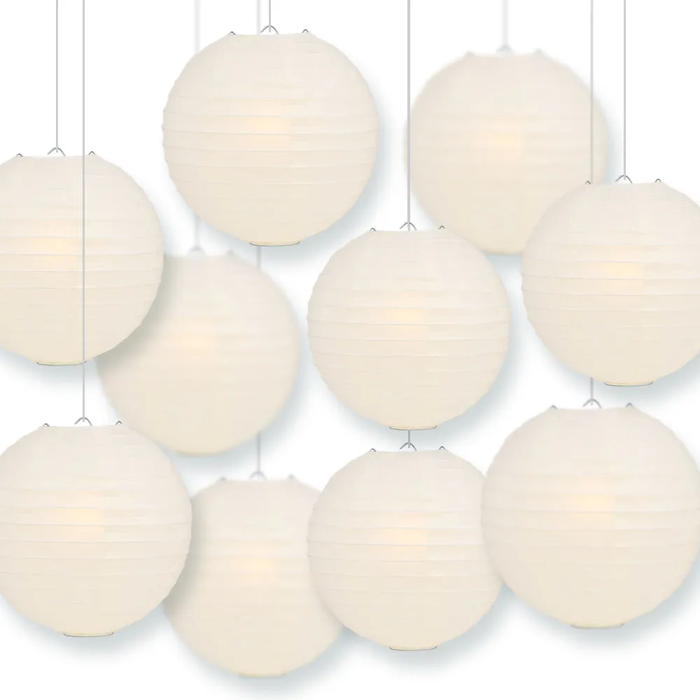 12 PACK | Beige Even Ribbing Round Paper Lantern, Hanging Combo Set