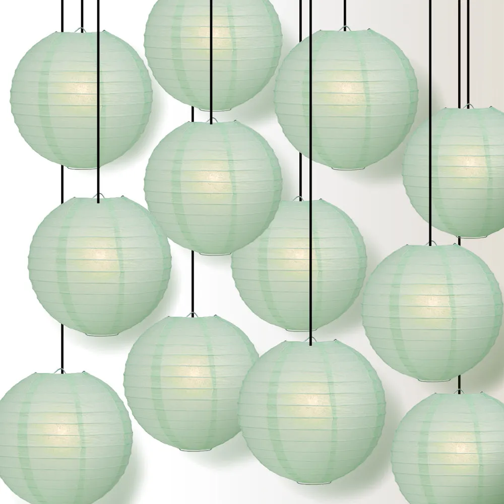 12 PACK | Cool Mint Green Even Ribbing Round Paper Lantern, Hanging Combo Set