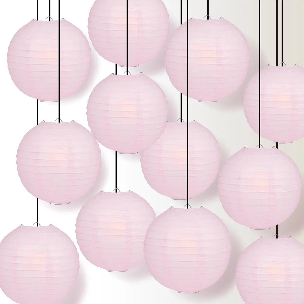 12 PACK | Pink Even Ribbing Round Paper Lantern, Hanging Combo Set