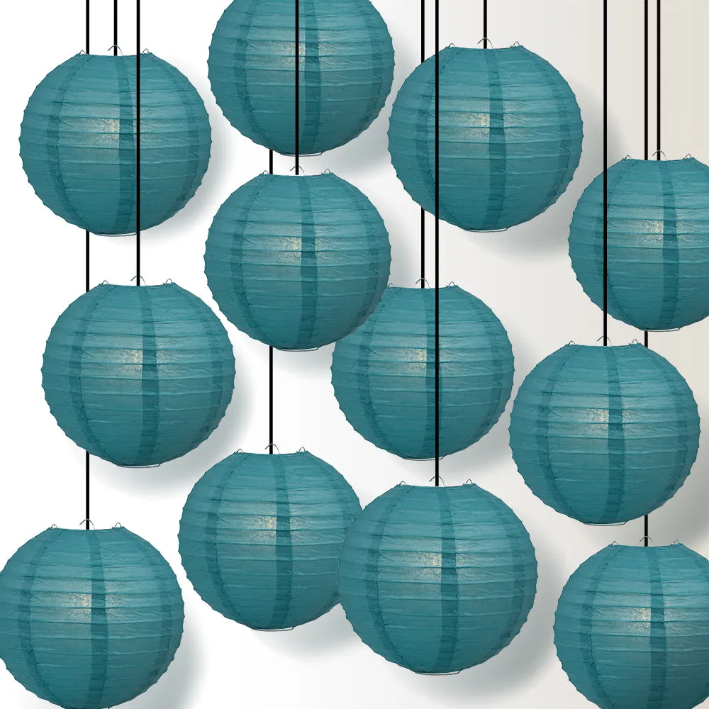 12 PACK | Tahiti Teal Even Ribbing Round Paper Lantern, Hanging Combo Set