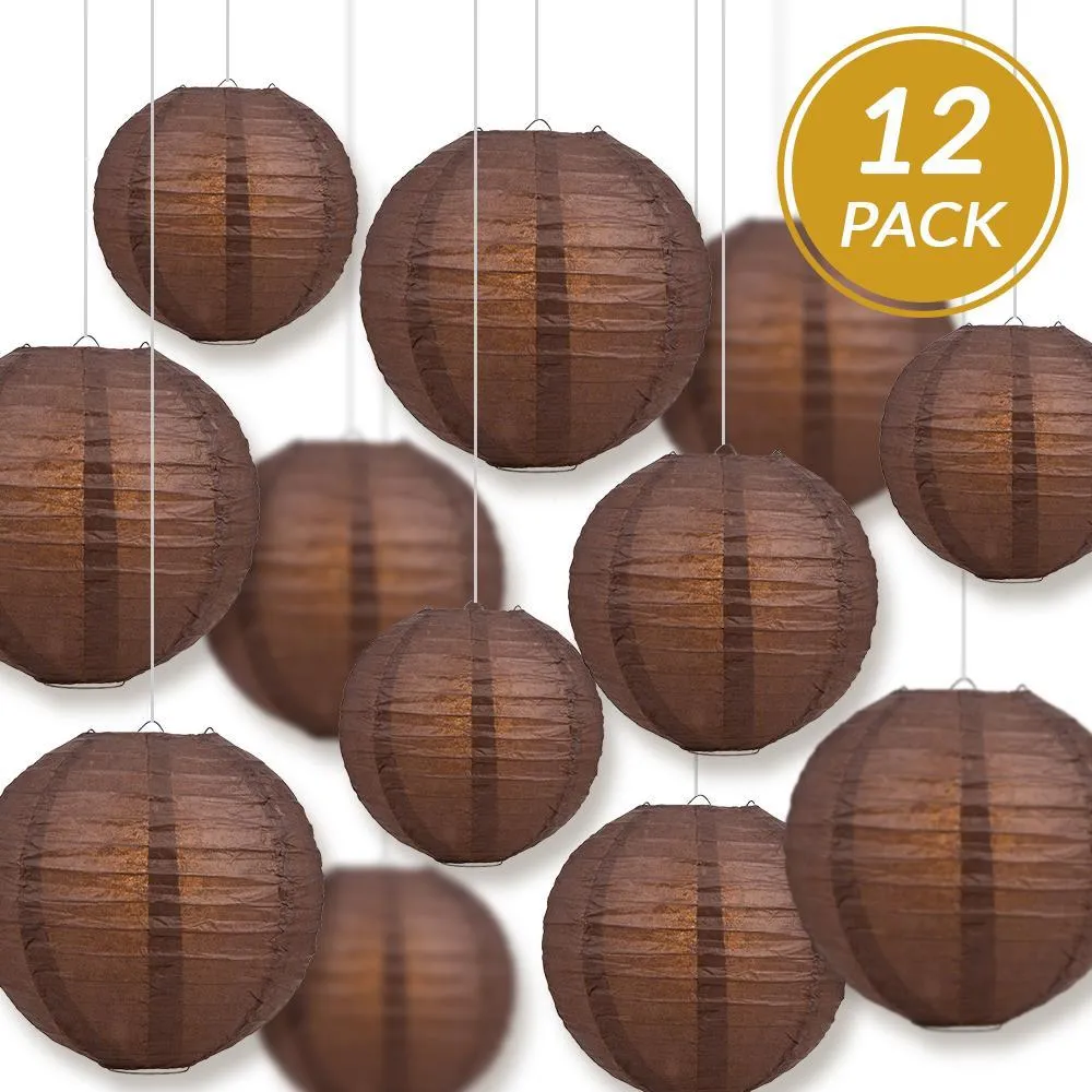 12-PC Brown Paper Lantern Chinese Hanging Wedding & Party Assorted Decoration Set, 12/10/8-Inch