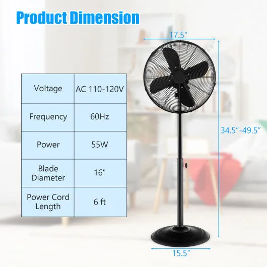 16 Inch Pedestal Standing Fan Oscillating Pedestal Fan with 3 Speeds and Adjustable Height-Black