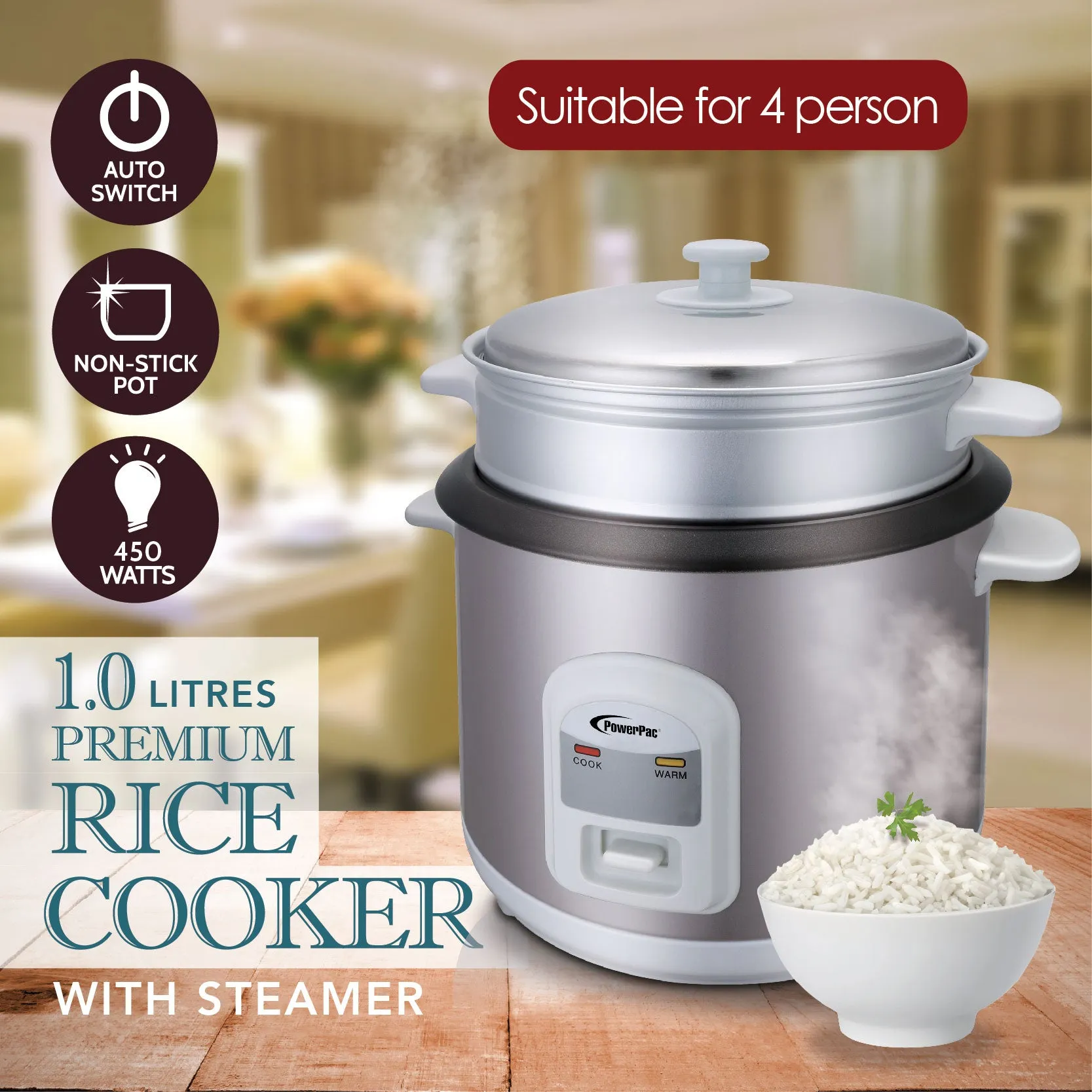 1L Rice Cooker with Steamer (PPRC64)