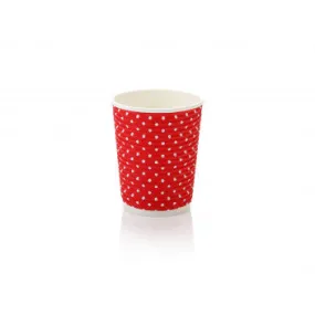 250ml Ripple Paper Coffee Cup Horizontal Polka Dots Red-White with Black Sip Lid 10pack