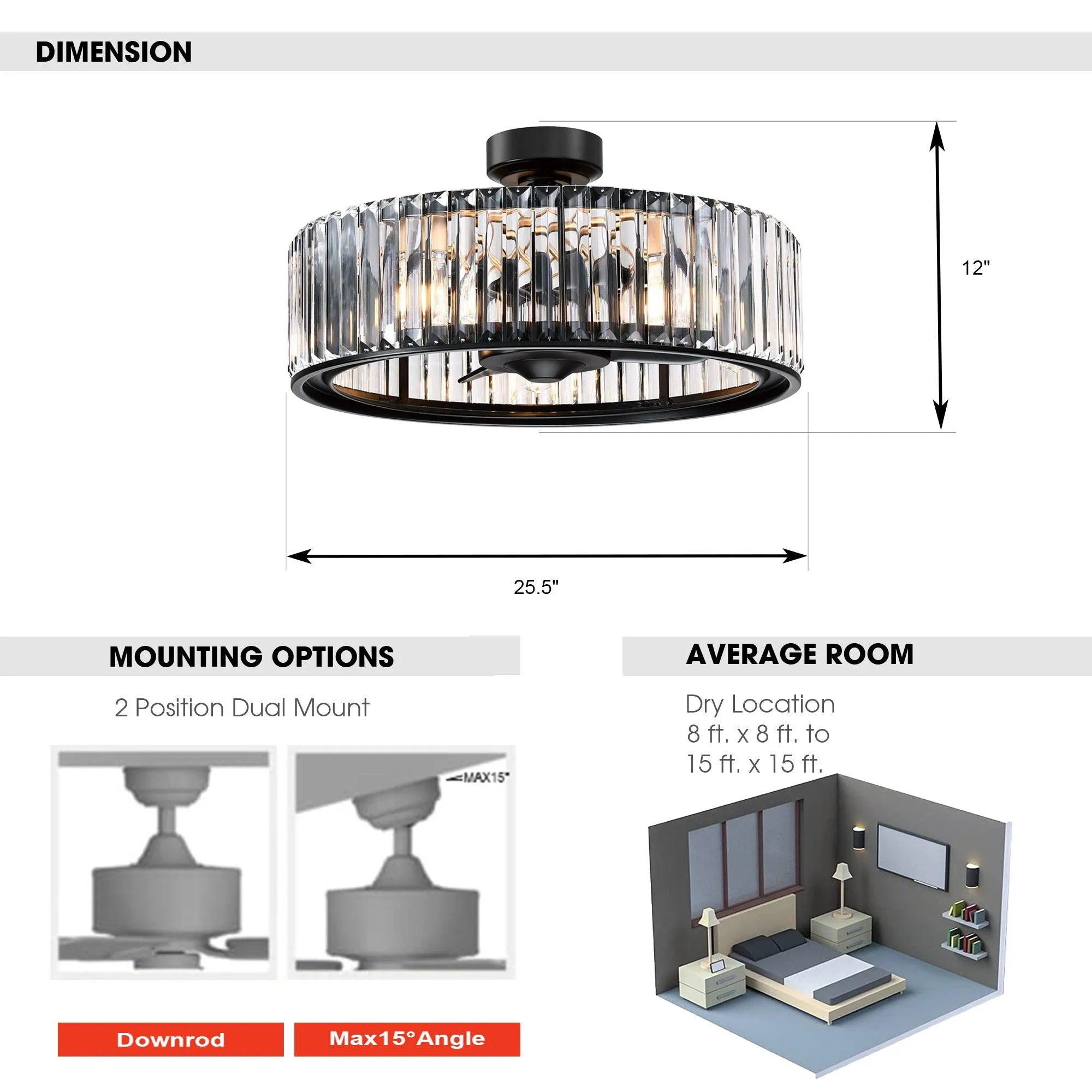 26" Henslee Modern DC Motor Reversible Crystal Fandelier Ceiling Fan with Lighting