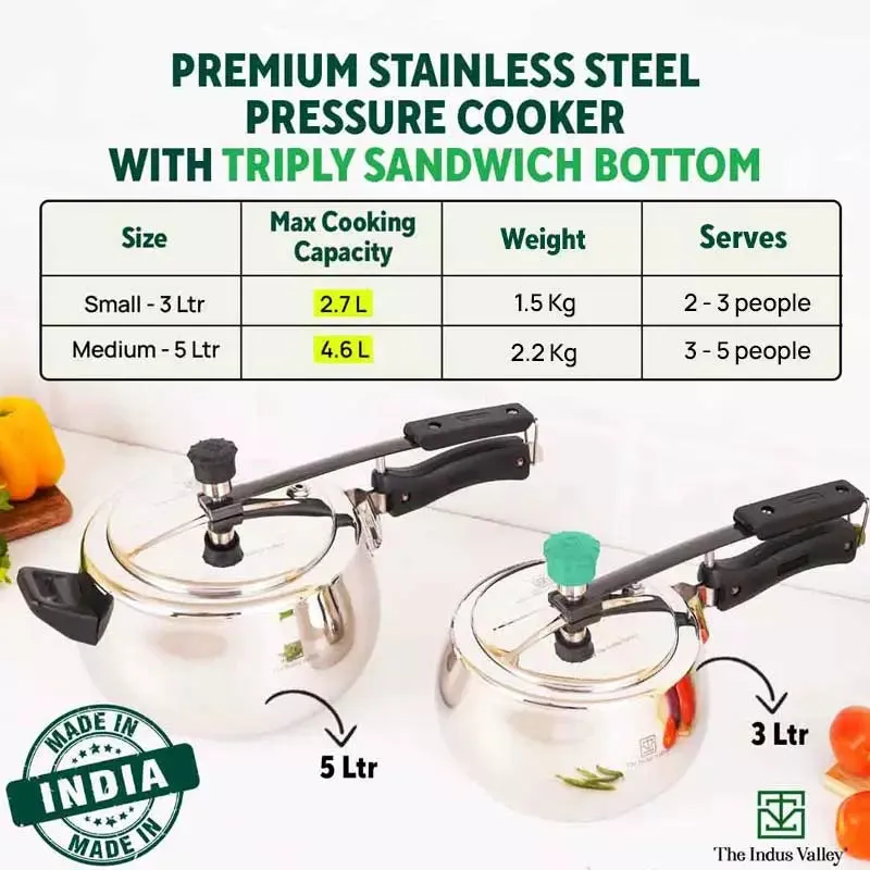 3L 5L QuicKooker Stainless Steel Pressure Cooker Combo  Free ₹600 Wood Chopping Board, Premium Quality, Tri-ply (3 Layer) Heavy Bottom, 3Yr Warranty, ISI Certified, Induction & Gas