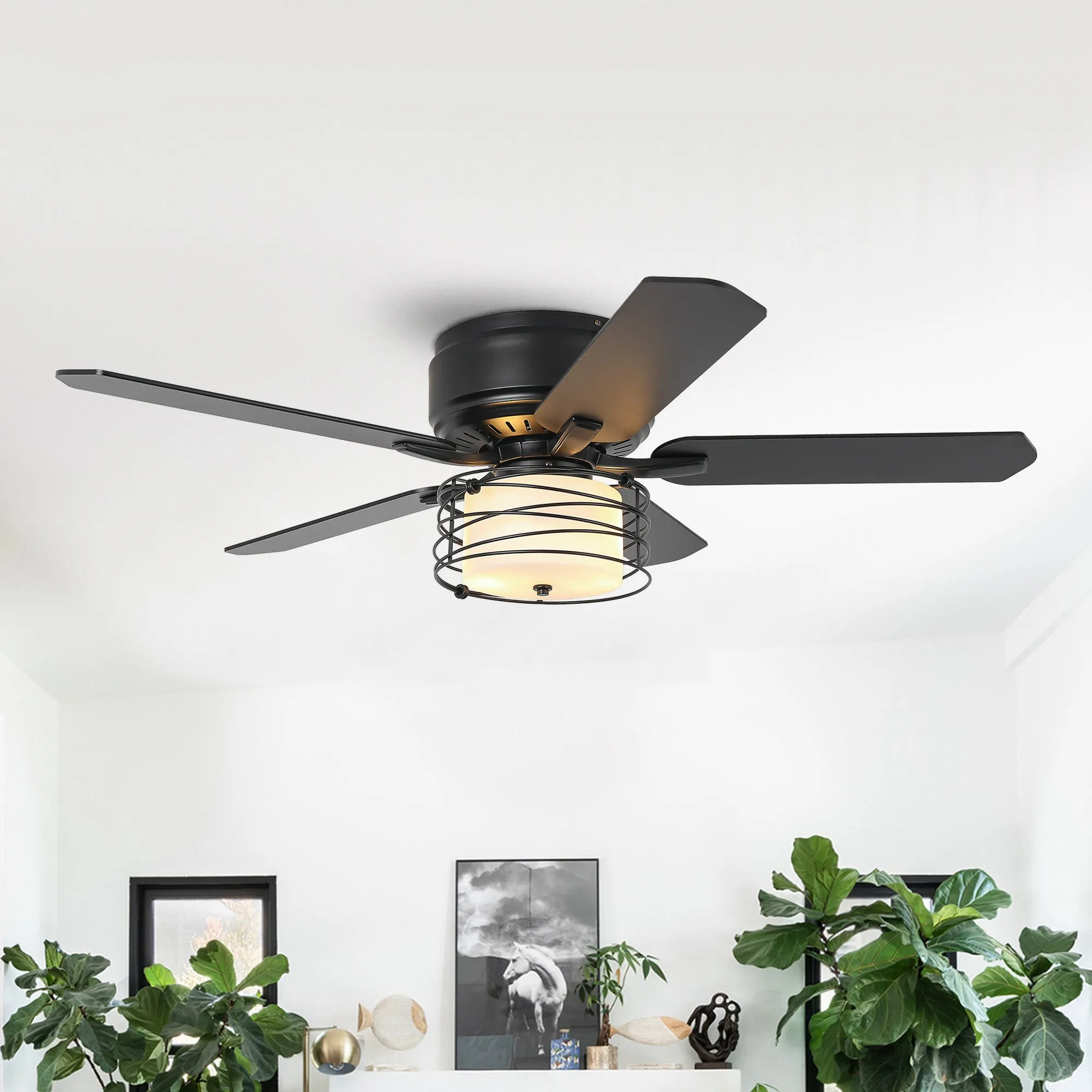 48" Athens Industrial Flush Mount Reversible Ceiling Fan with Lighting and Remote Control