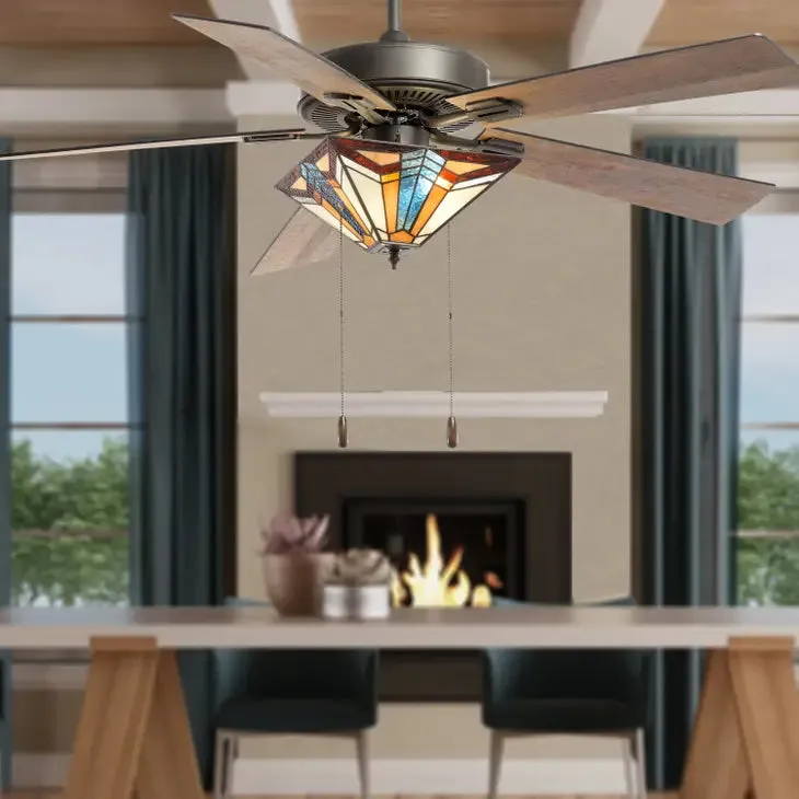 52"W Ezra Multicolor Tiffany Style Ceiling Fan