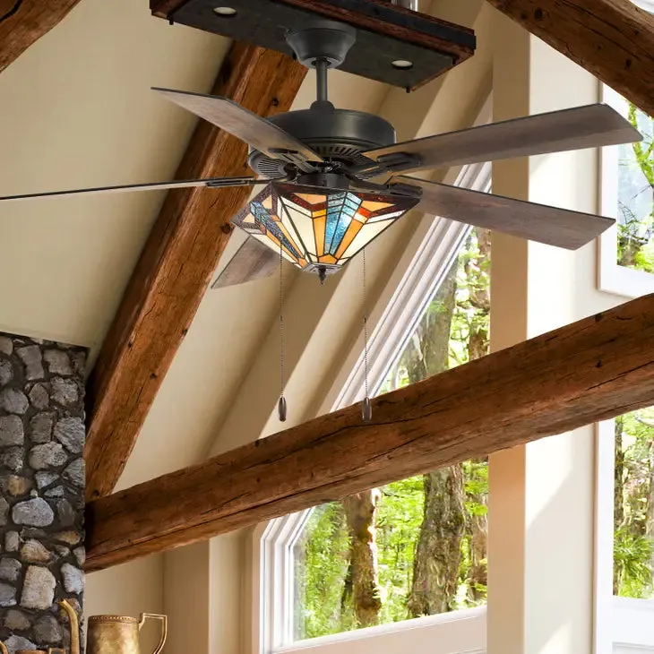 52"W Ezra Multicolor Tiffany Style Ceiling Fan