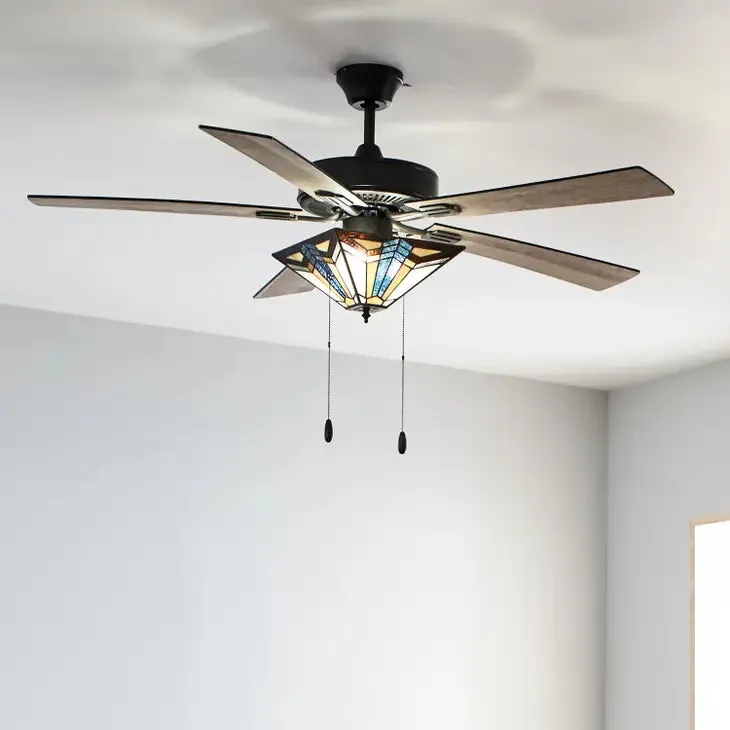 52"W Ezra Multicolor Tiffany Style Ceiling Fan