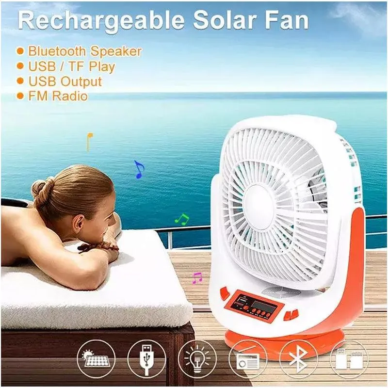 8'' Solar Rechargeable Led Lights Radio Table Fan With Speaker Q-F108