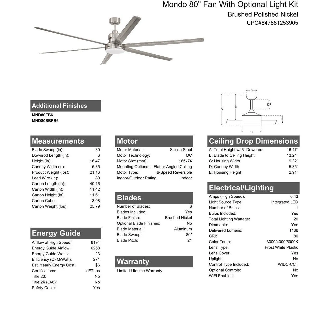 80" Mondo in Brushed Polished Nickel w/ Brushed Nickel Blades