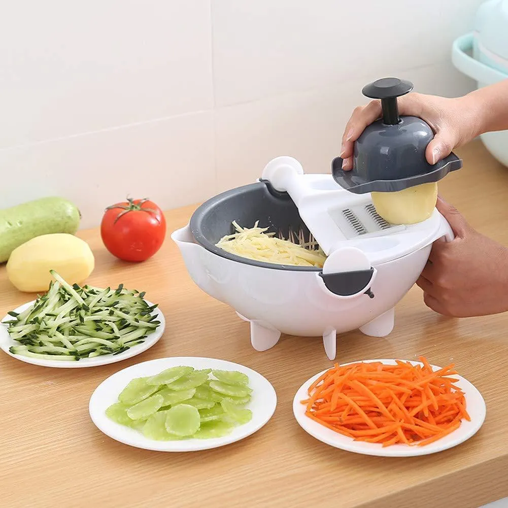 9 in 1 Julienne Slicer with Drain Basket Multi Fuction Food Strainer Fruit Colander Vegetable Slicer Grater Food Cutter Shredder