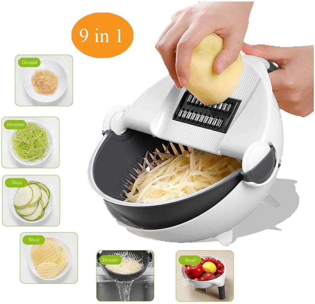 9 in 1 Julienne Slicer with Drain Basket Multi Fuction Food Strainer Fruit Colander Vegetable Slicer Grater Food Cutter Shredder