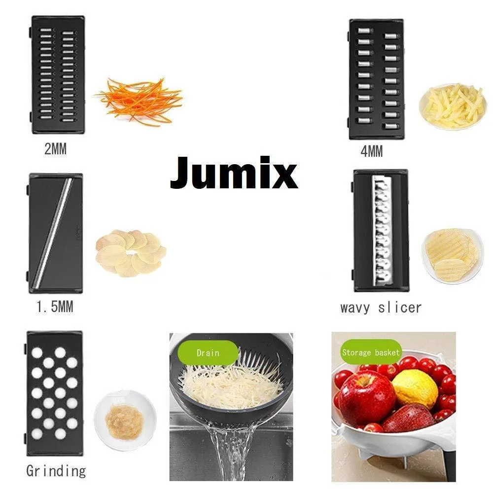 9 in 1 Julienne Slicer with Drain Basket Multi Fuction Food Strainer Fruit Colander Vegetable Slicer Grater Food Cutter Shredder