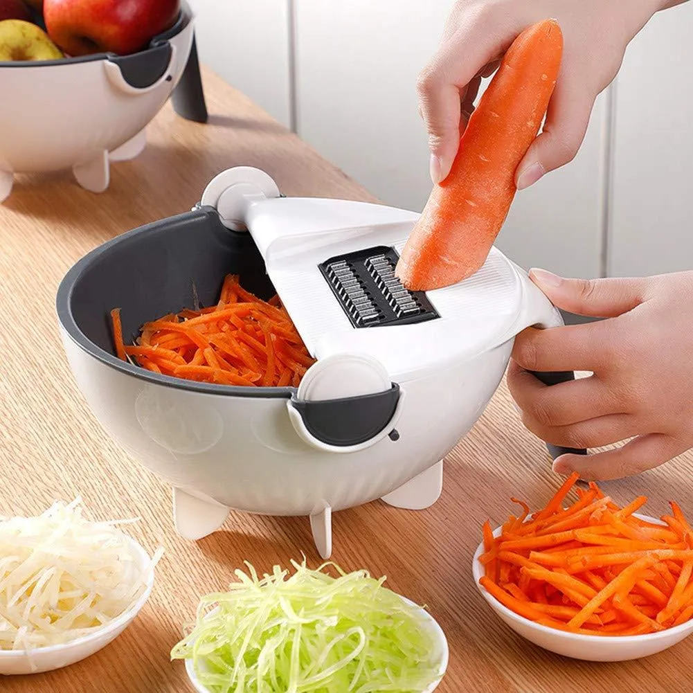 9 in 1 Julienne Slicer with Drain Basket Multi Fuction Food Strainer Fruit Colander Vegetable Slicer Grater Food Cutter Shredder