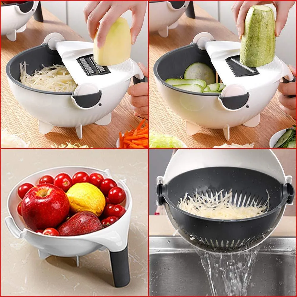 9 in 1 Julienne Slicer with Drain Basket Multi Fuction Food Strainer Fruit Colander Vegetable Slicer Grater Food Cutter Shredder