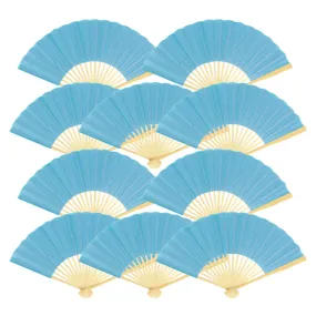 9" Turquoise Silk Hand Fans for Weddings (10 Pack)