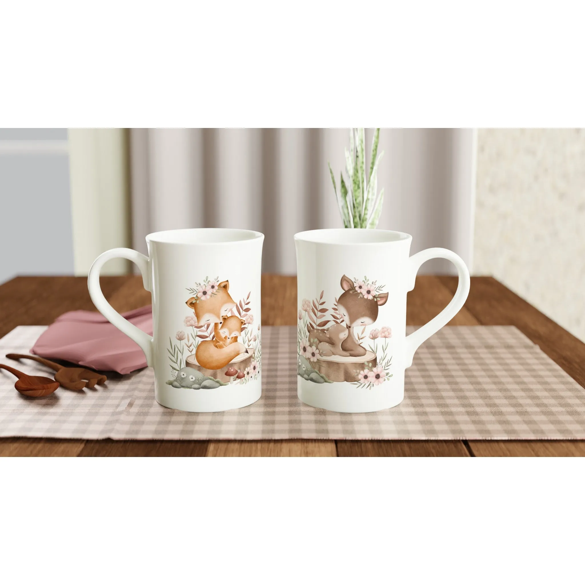 Adorable Baby Fox & Deer Porcelain Mug - Heartwarming Nature Design