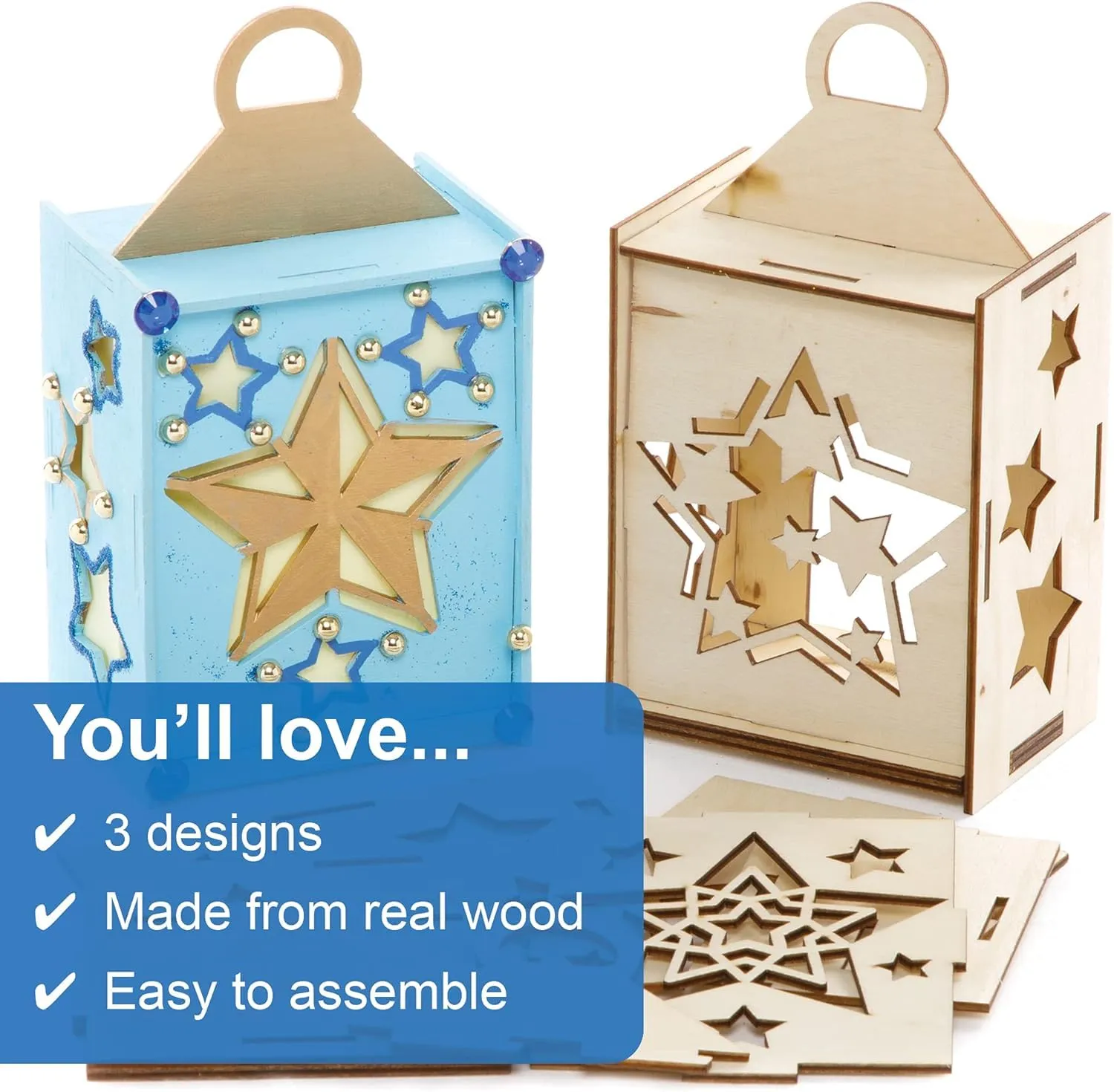 American Elm Pack of 3 Star Wooden Lantern Winter Wooden Craft Set for Children, Arts and Crafts for Kids Christmas Activities for Kids