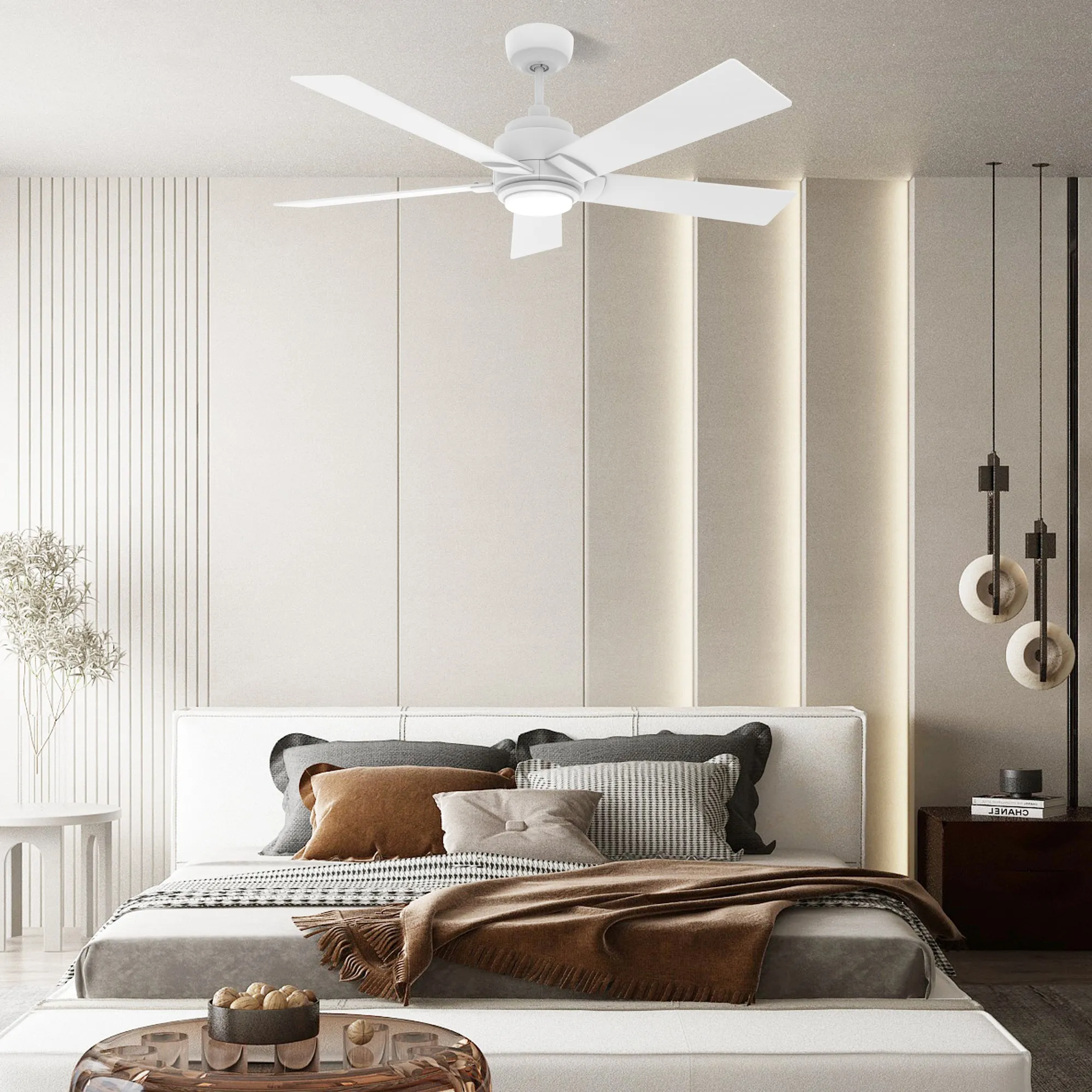 ASCENDER 56 inch 5-Blade Smart Ceiling Fan with LED Light & Remote Control - White/White