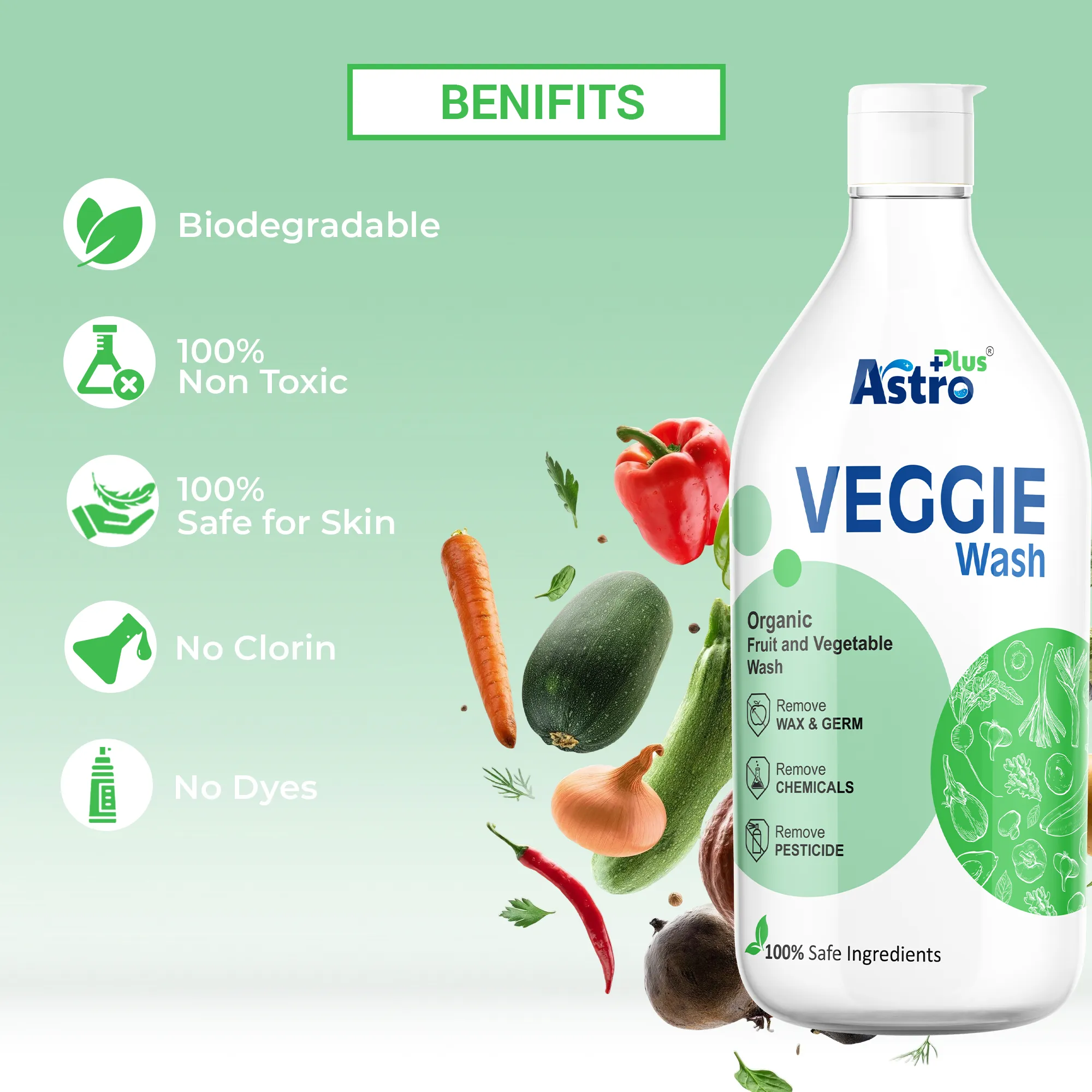 ASTRO PLUS Veggie Wash Clean Fruits & Vegetables Natural Action, Removes Pesticides Germs Safe to use on Veggies and Fruits Washing Liquid (500 ml)