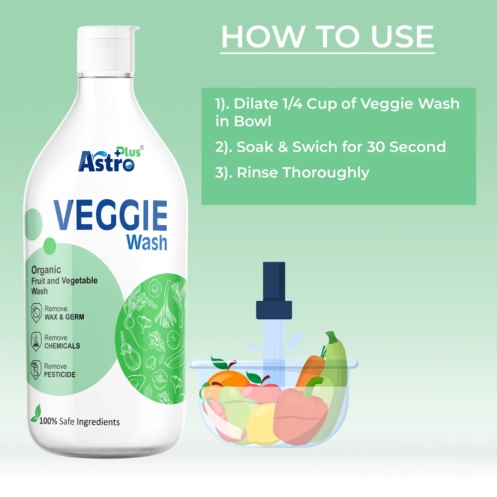 ASTRO PLUS Veggie Wash Clean Fruits & Vegetables Natural Action, Removes Pesticides Germs Safe to use on Veggies and Fruits Washing Liquid (500 ml)