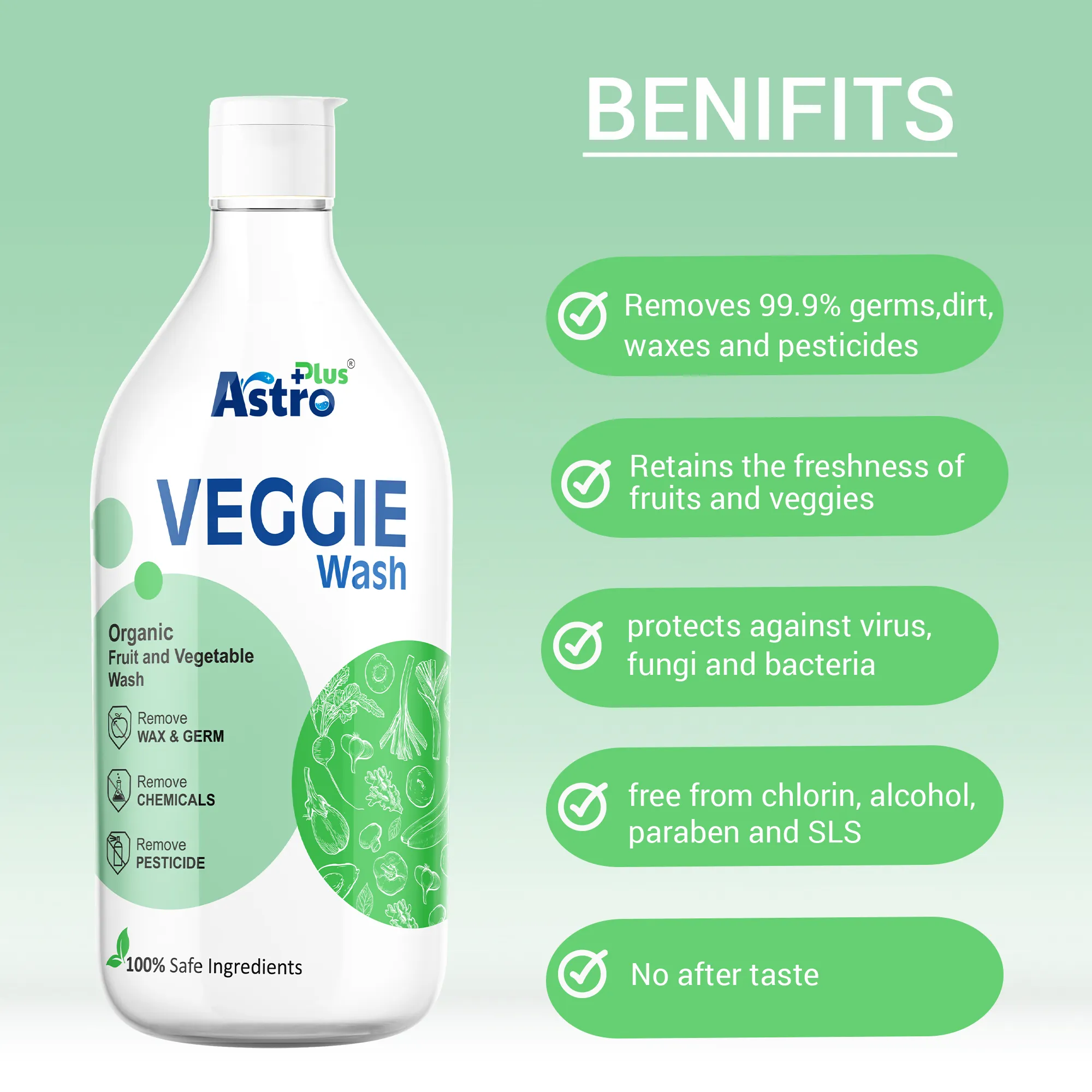 ASTRO PLUS Veggie Wash Clean Fruits & Vegetables Natural Action, Removes Pesticides Germs Safe to use on Veggies and Fruits Washing Liquid (500 ml)