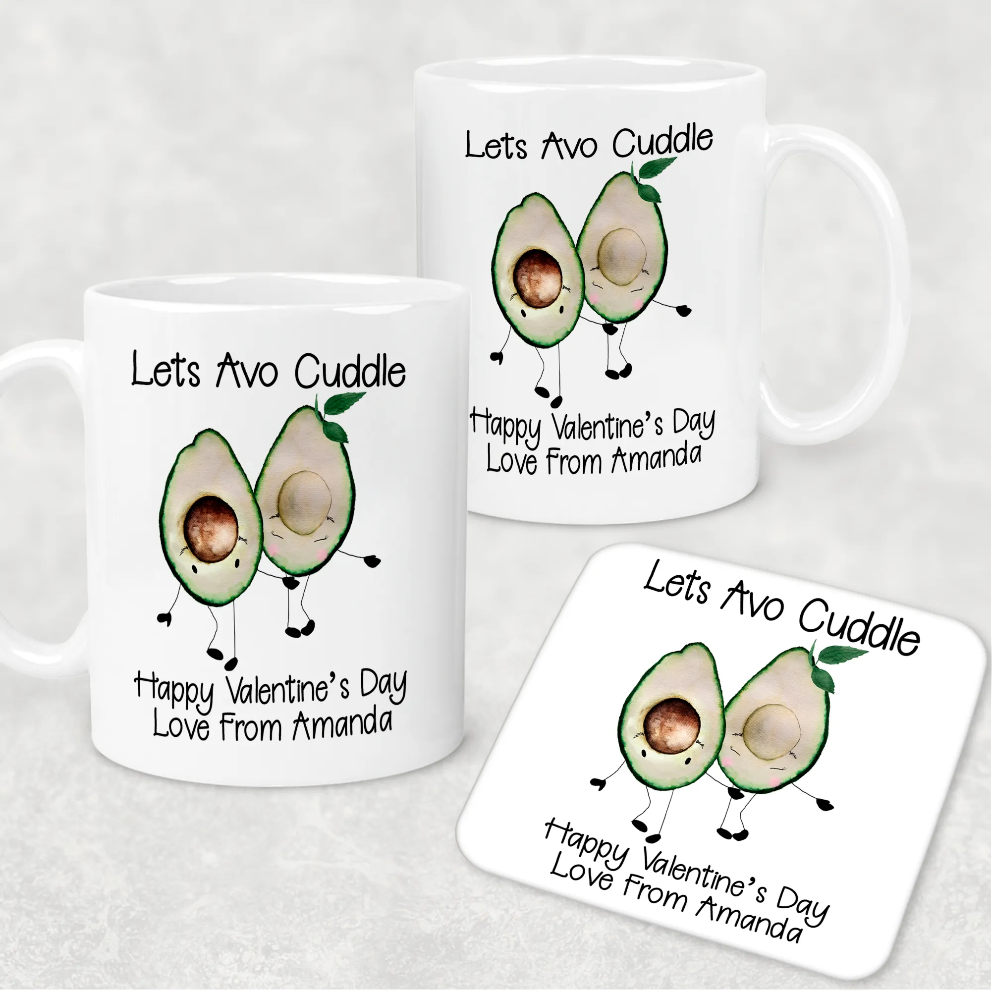 Avo Cuddle Valentine's Day Personalised Mug and Coaster Set