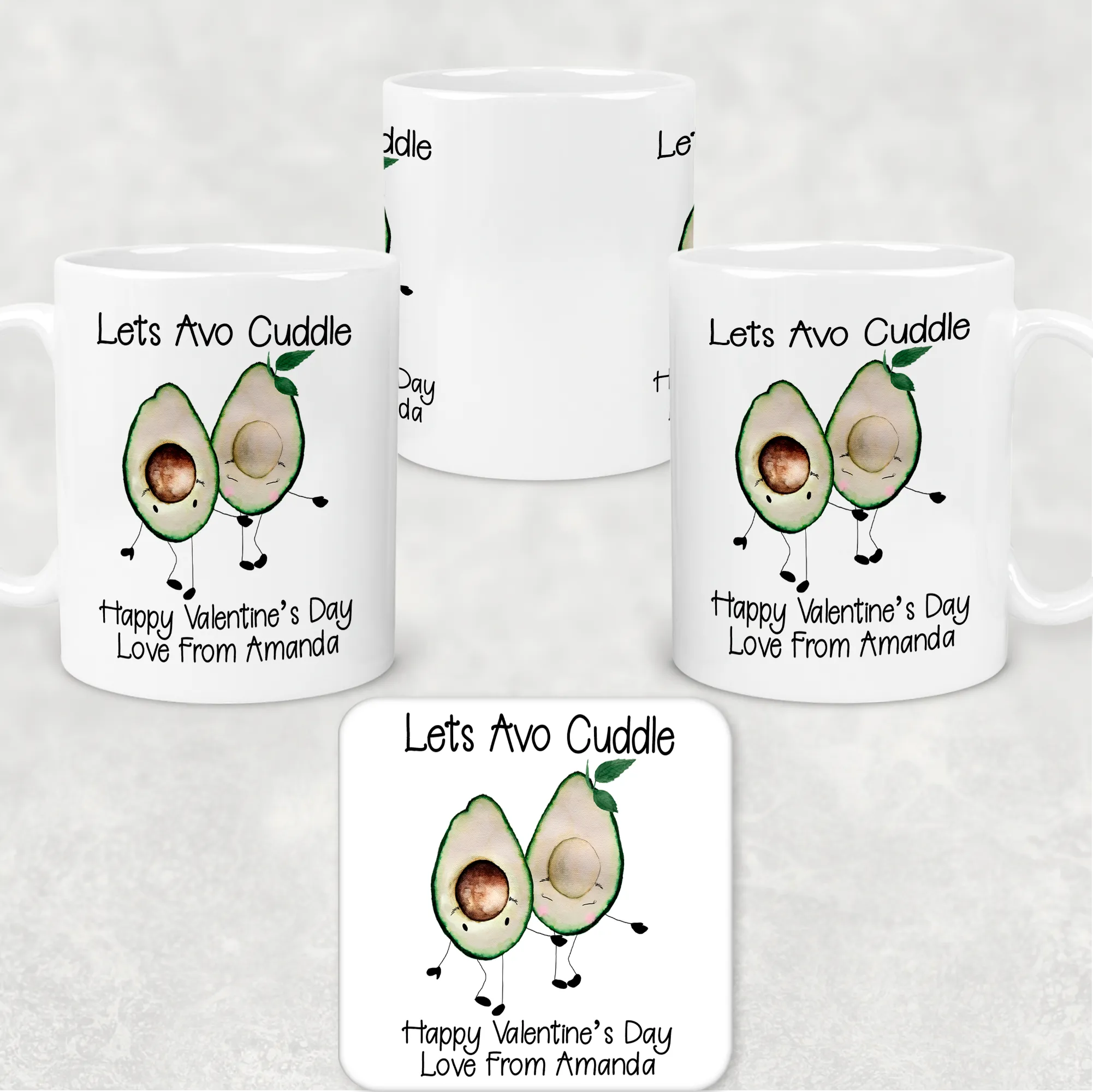 Avo Cuddle Valentine's Day Personalised Mug and Coaster Set