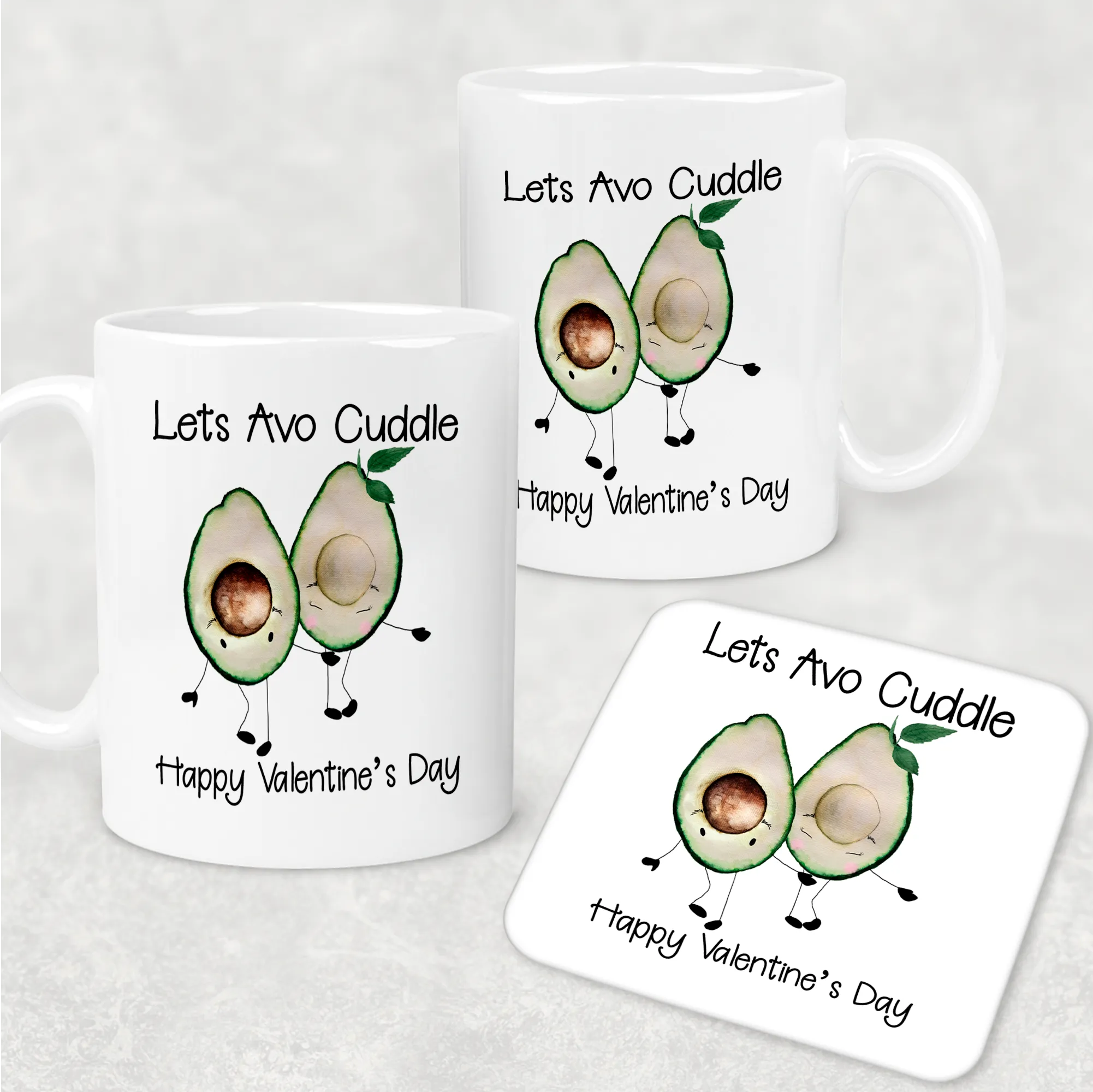 Avo Cuddle Valentine's Day Personalised Mug and Coaster Set