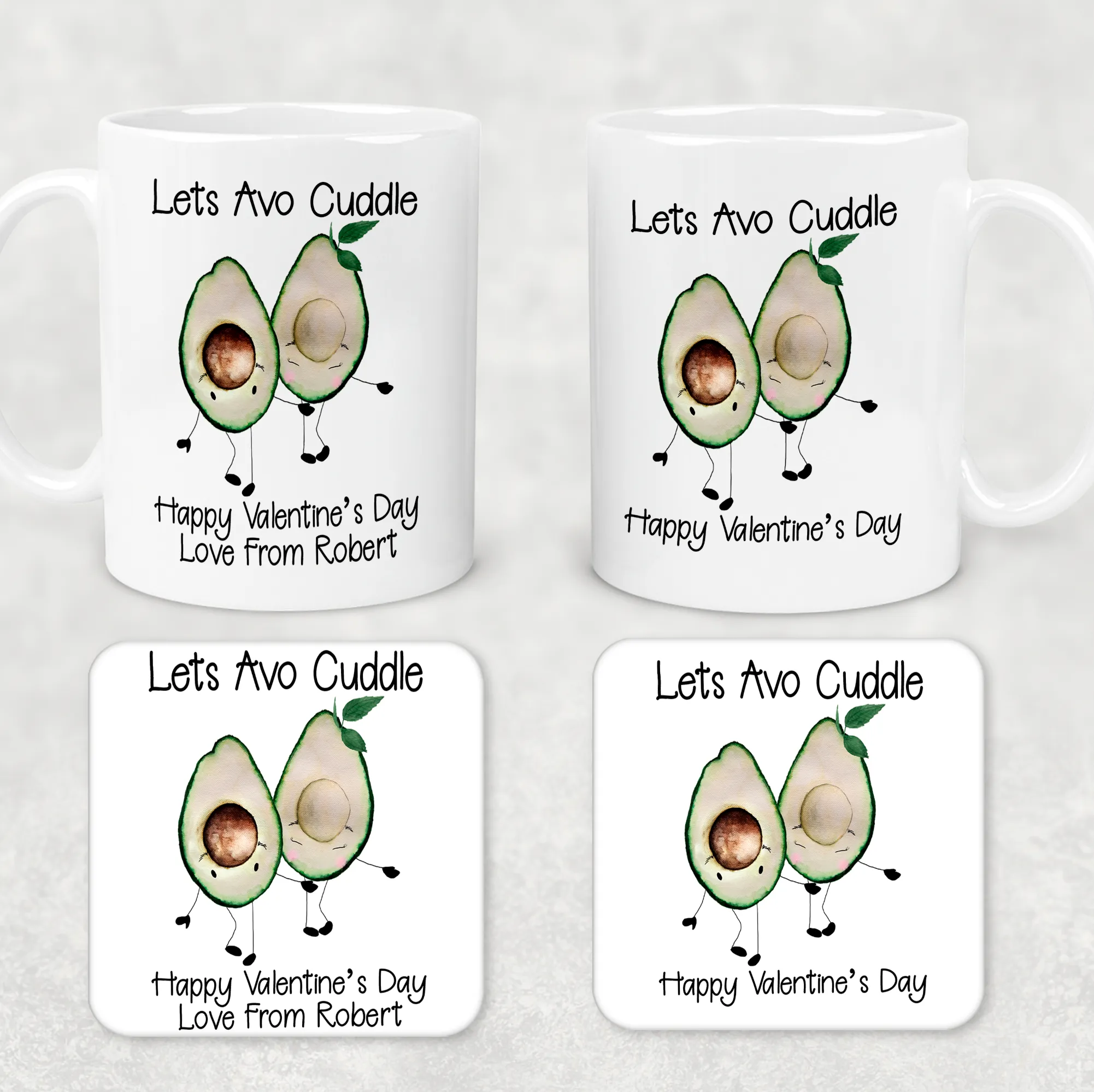 Avo Cuddle Valentine's Day Personalised Mug and Coaster Set