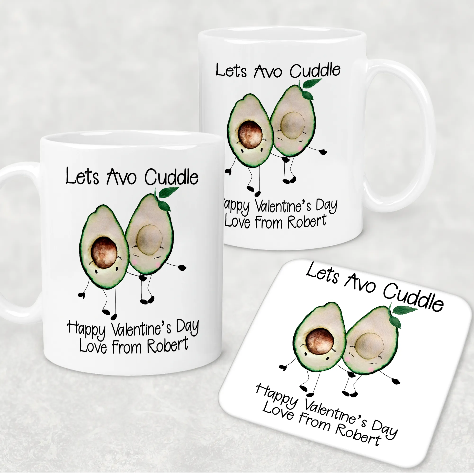 Avo Cuddle Valentine's Day Personalised Mug and Coaster Set