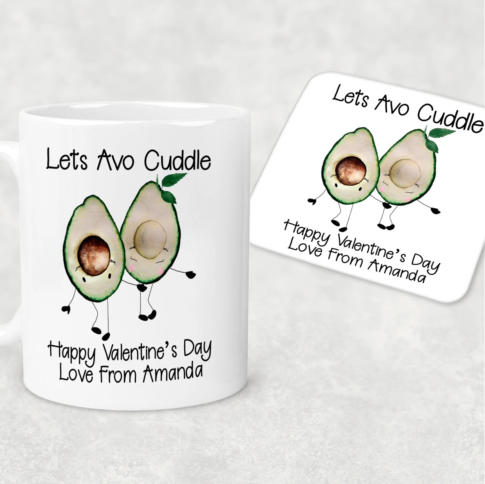 Avo Cuddle Valentine's Day Personalised Mug and Coaster Set