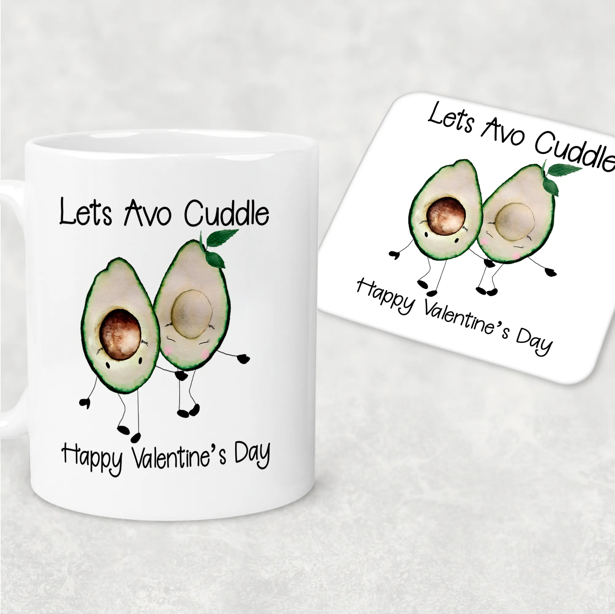 Avo Cuddle Valentine's Day Personalised Mug and Coaster Set