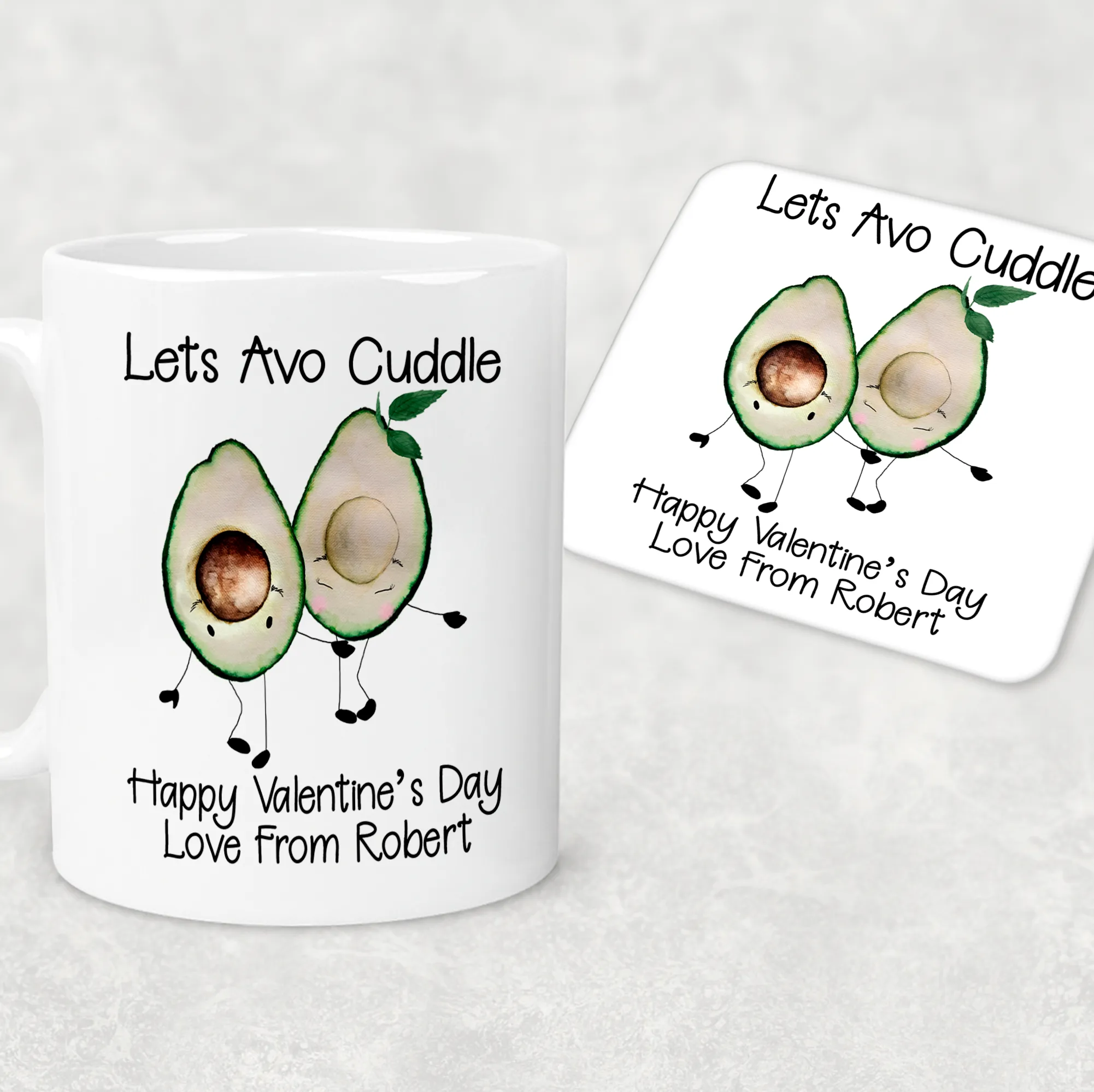 Avo Cuddle Valentine's Day Personalised Mug and Coaster Set