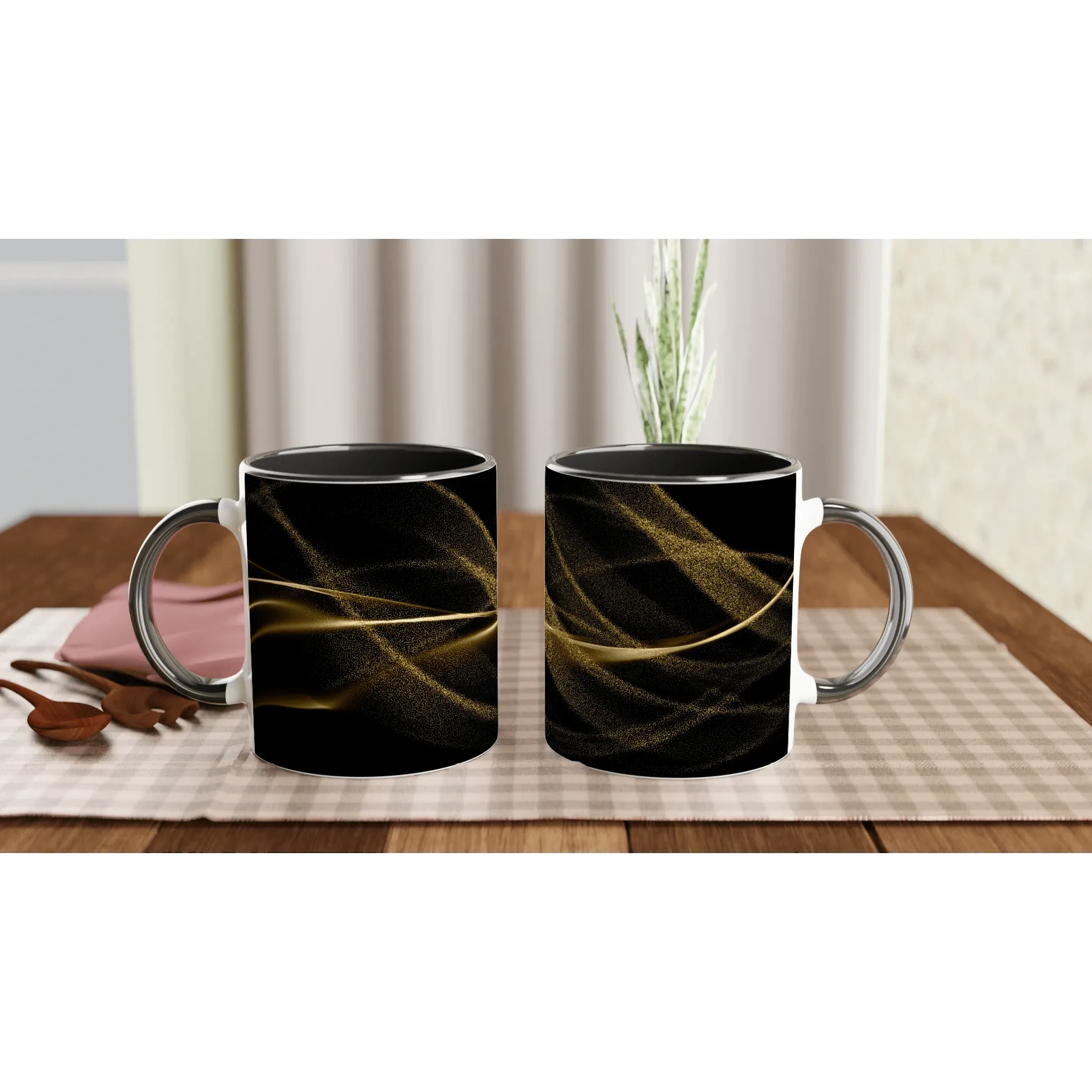 Black and Gold Wavy Dust | Black Ceramic Mug