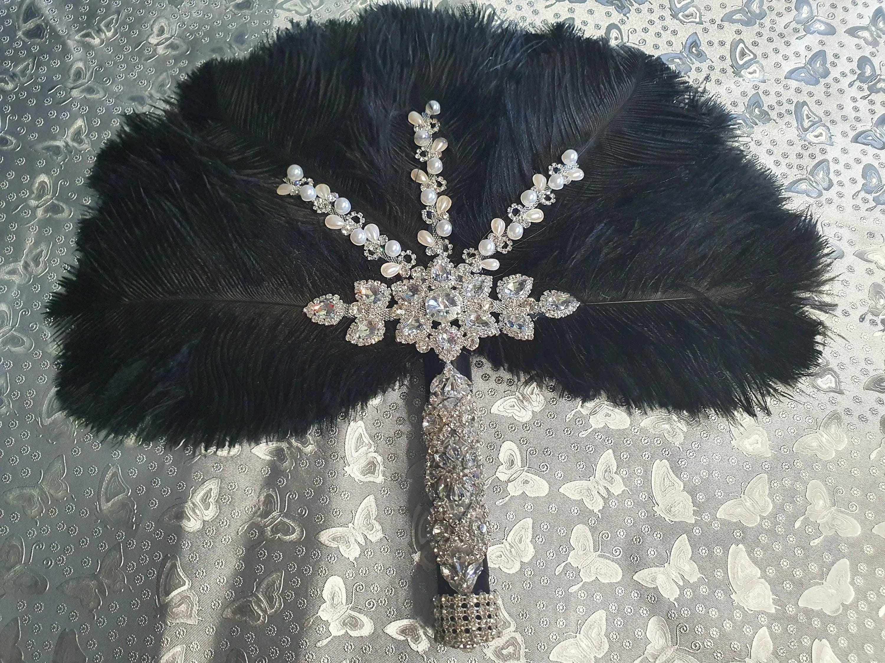 Black Feather Fan wedding bouquet, Ostrich feather crystal hand fan bouquet by Crystal wedding uk