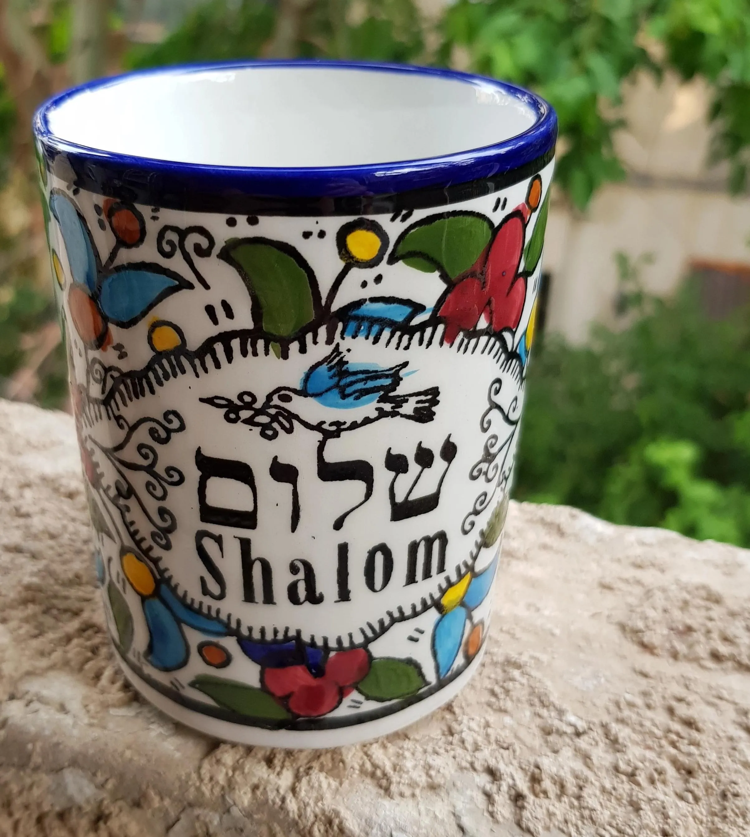 Bluenoemi Armenian Ceramic Coffee Mug Tel Aviv Israeli Gifts. Mug with an handcrafted Armenian Design Shalom motif .