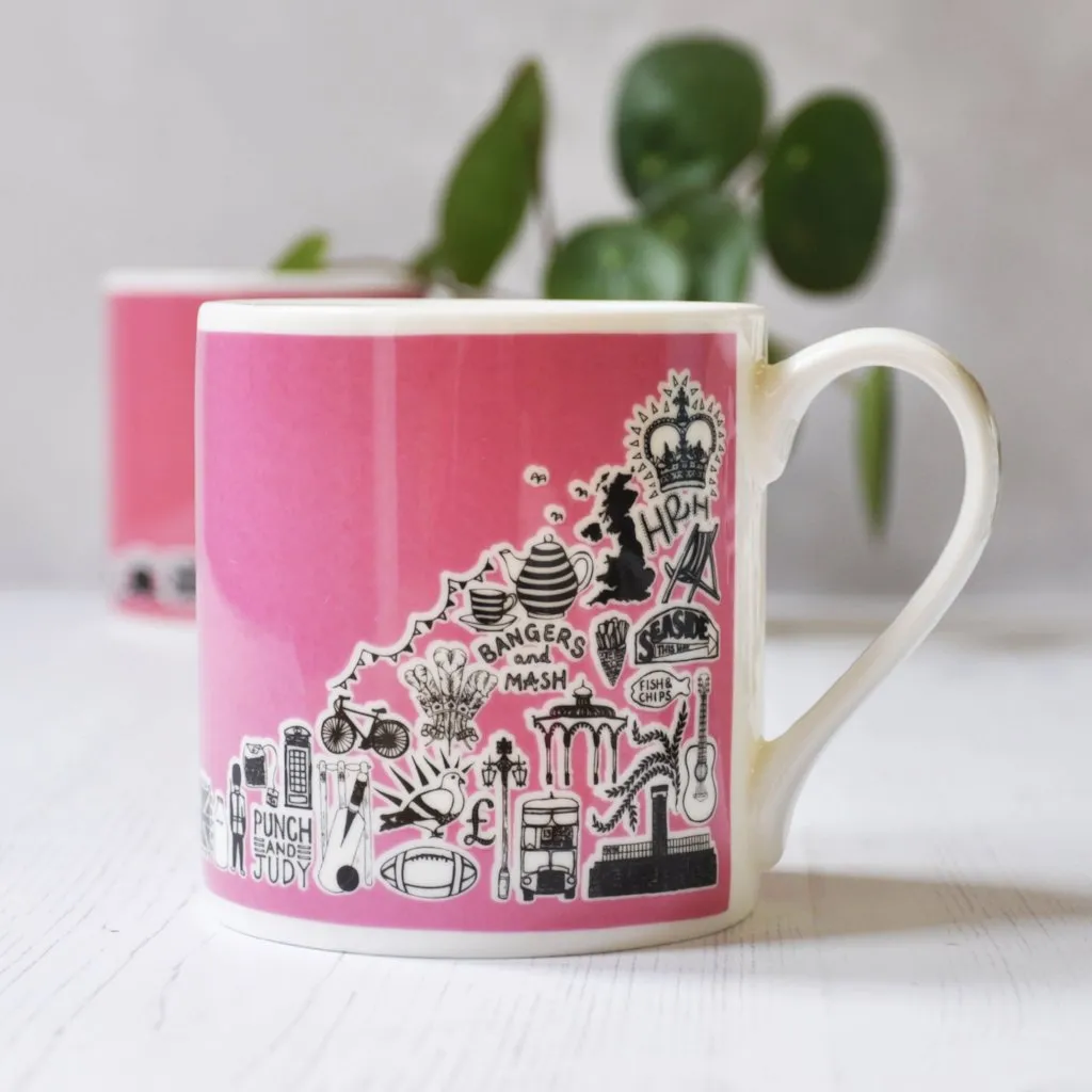 British pink illustrated mug