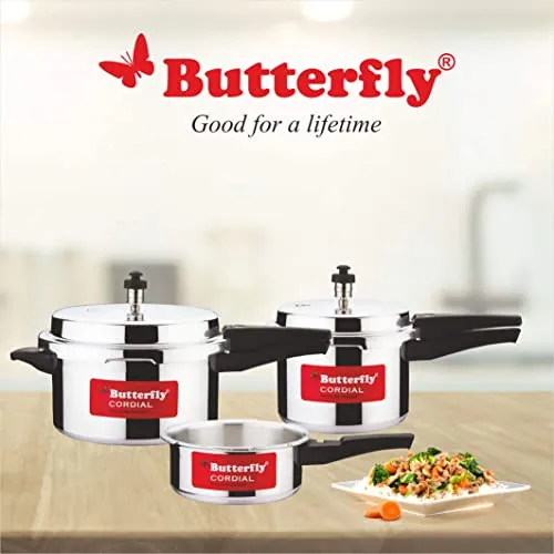 Butterfly Cordial 2 liter, 3 liter & 5 liter Non Induction Bottom Outer Lid Pressure Cooker (Aluminium, Silver), Small