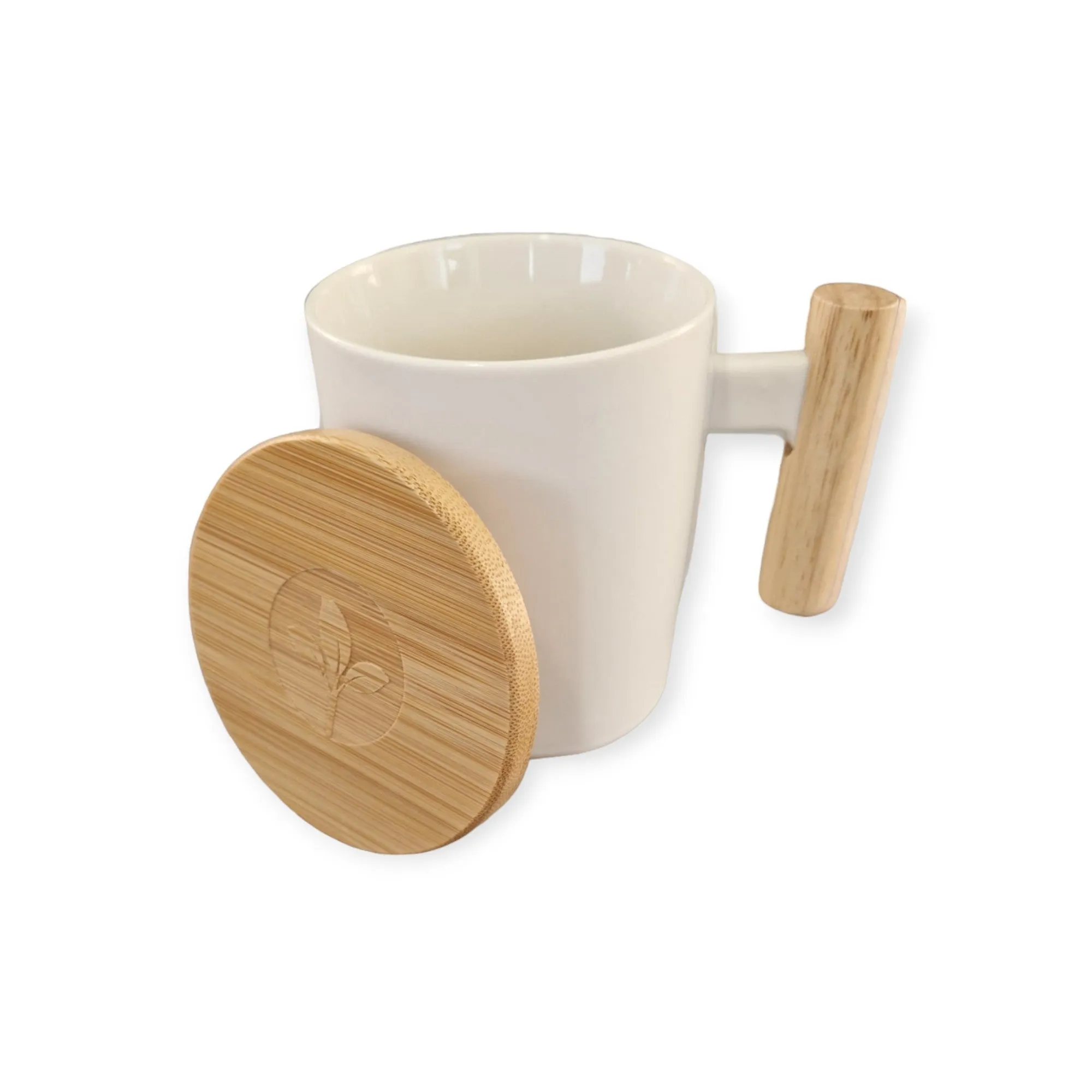 Ceramic White Cup with Bamboo Handle and Removable Lid (480ml)