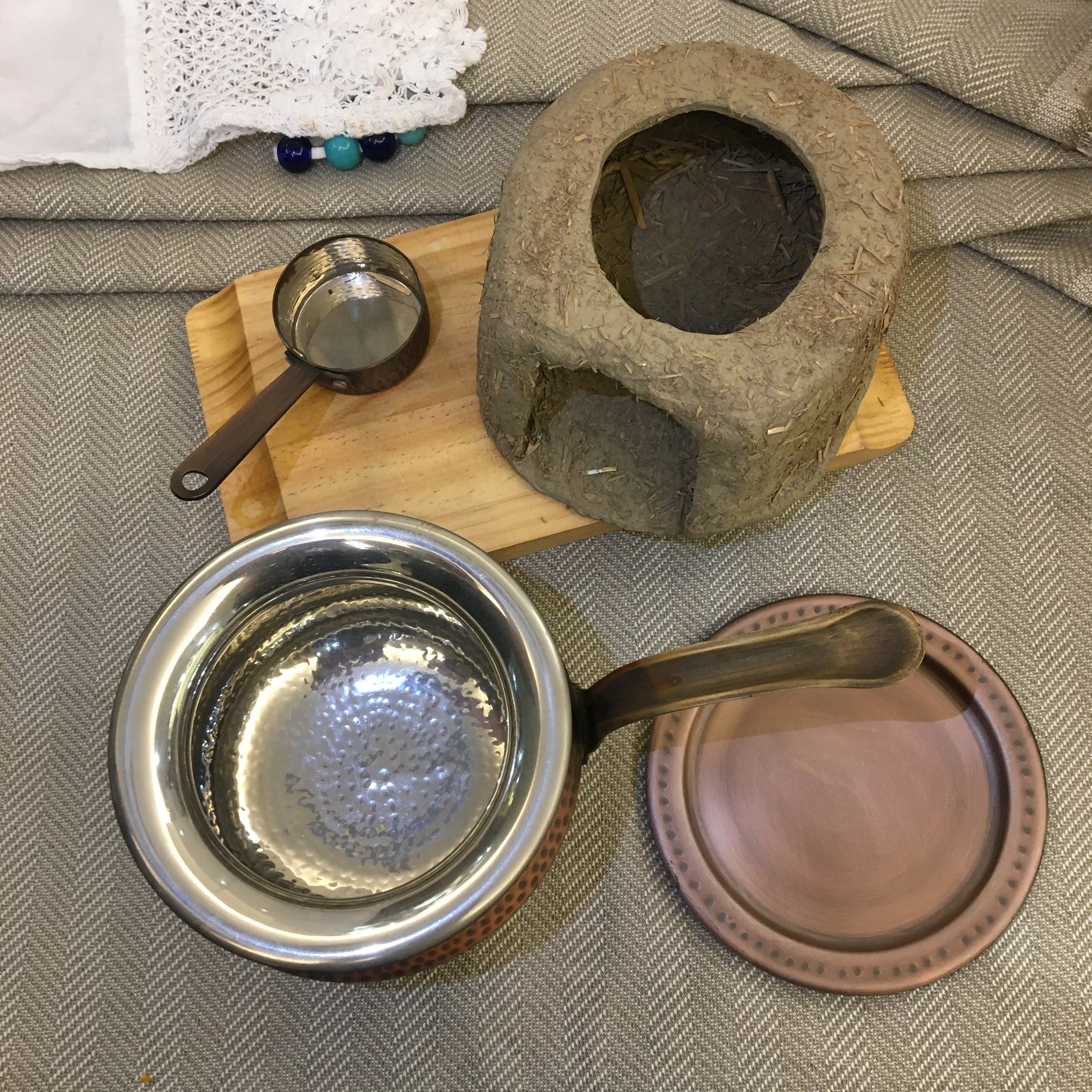 Copper Punjabi Handi Pan With Cover, Clay Color Metal Angithi & Mini Dip Warmer By MK