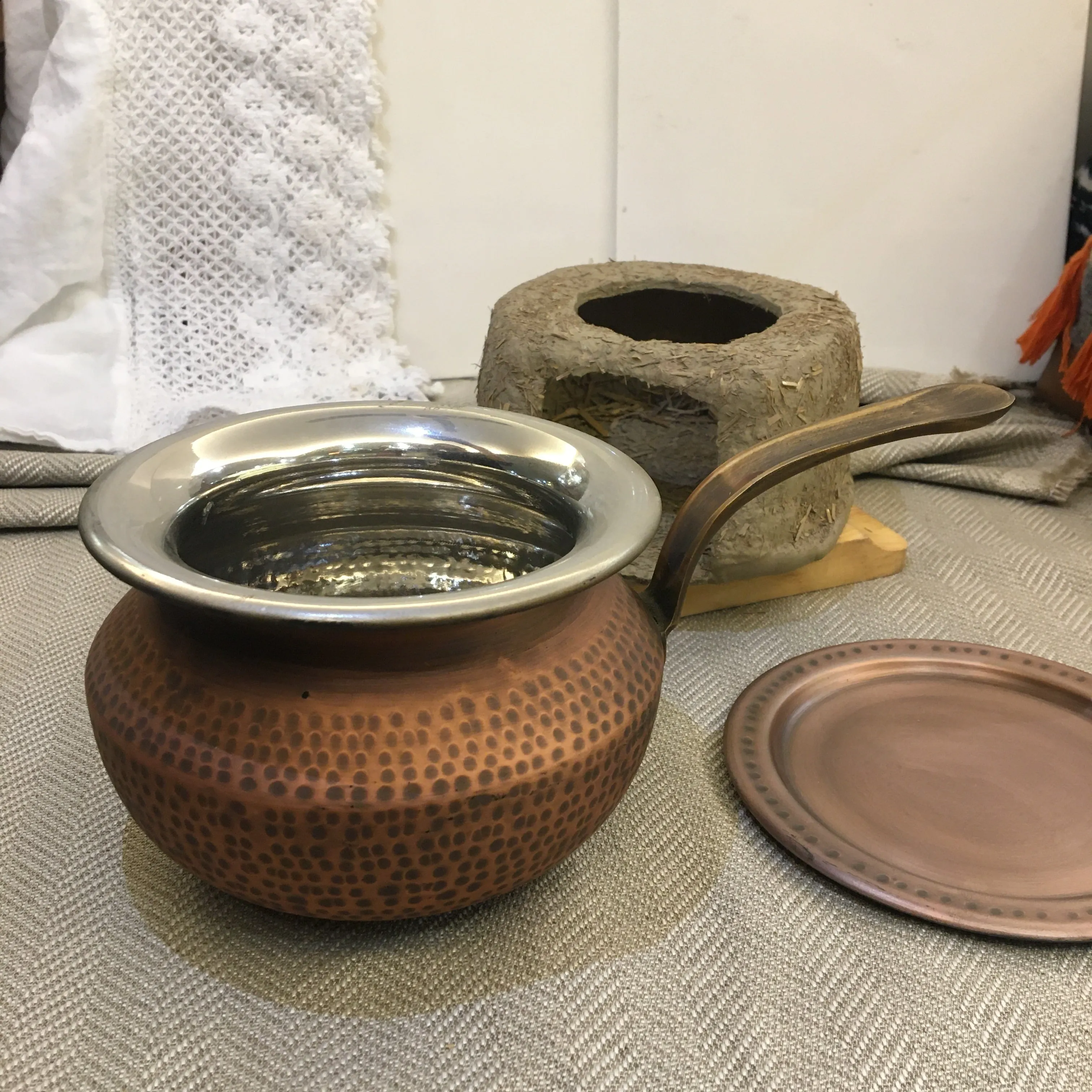 Copper Punjabi Handi Pan With Cover, Clay Color Metal Angithi & Mini Dip Warmer By MK