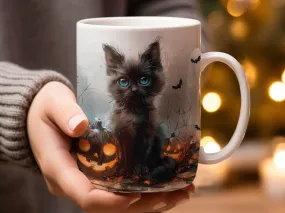 Cute Halloween Black Cat with Pumpkins 15 oz Mug