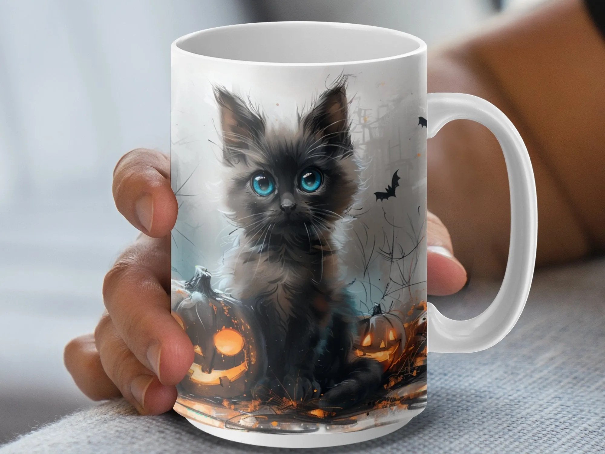 Cute Halloween Black Cat with Pumpkins 15 oz Mug