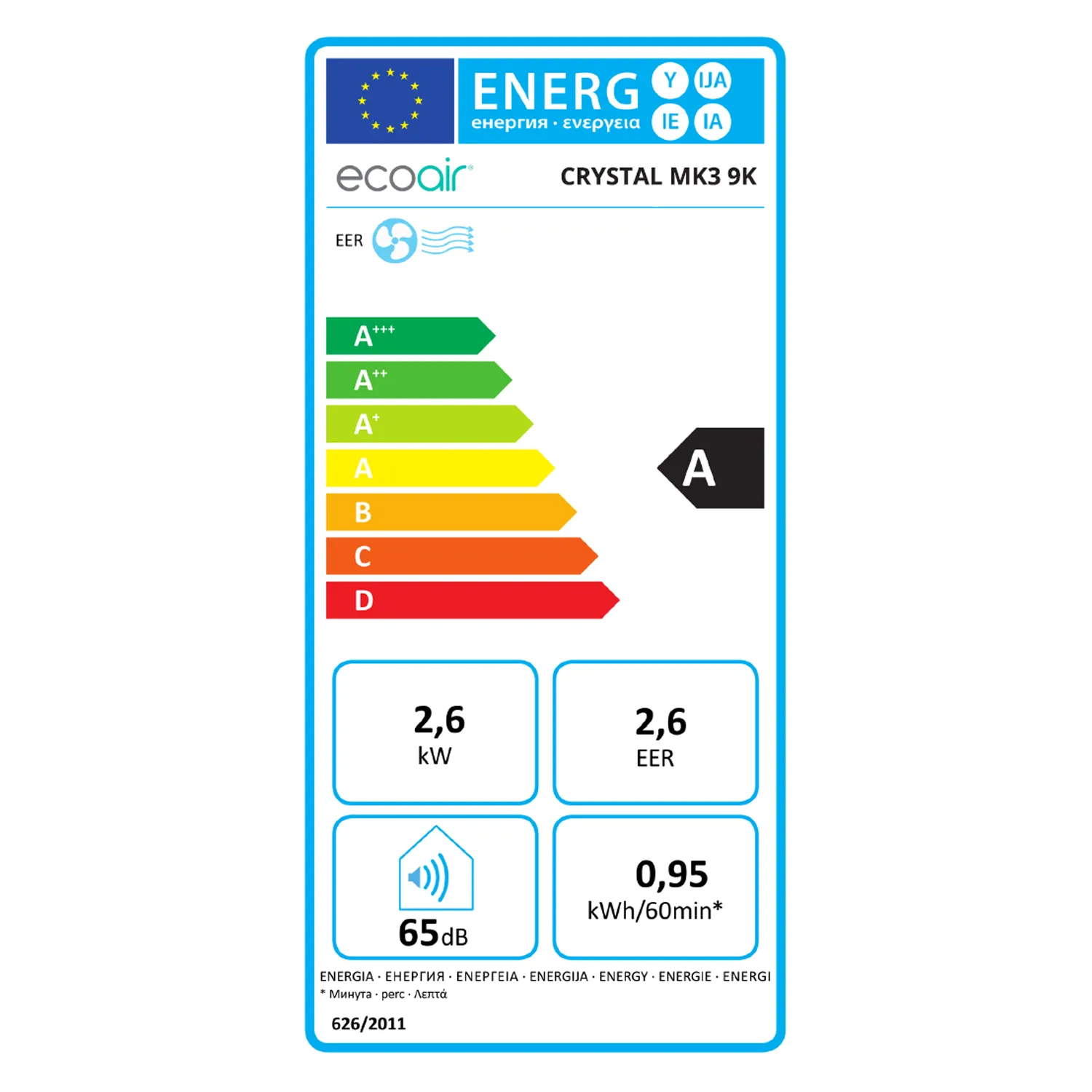 EcoAir 4-in-1 Portable Air Conditioner 9000 BTU with Remote Control. Powerful Energy Saving Air Conditioning with Energy Efficiency Rating Class A | Free Window Seal Kit | Crystal MK3