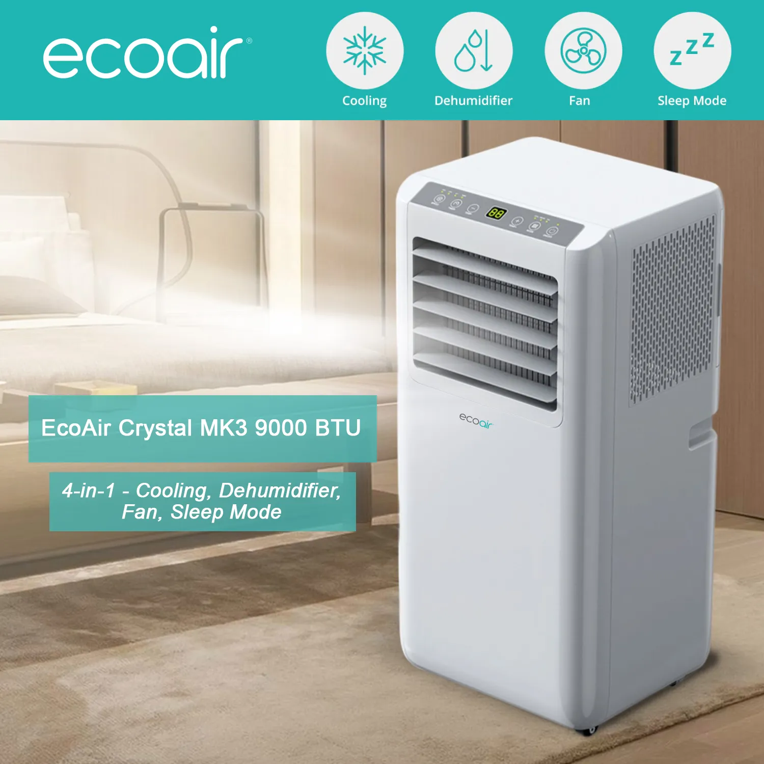 EcoAir 4-in-1 Portable Air Conditioner 9000 BTU with Remote Control. Powerful Energy Saving Air Conditioning with Energy Efficiency Rating Class A | Free Window Seal Kit | Crystal MK3