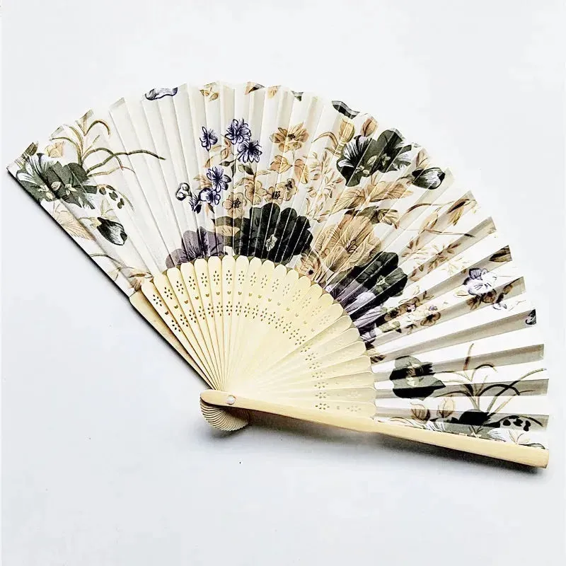 Elegant Foldable Cloth Hand Fans with Bamboo Ribs and Floral Print - Ideal for Weddings, Parties, and Dance Performances