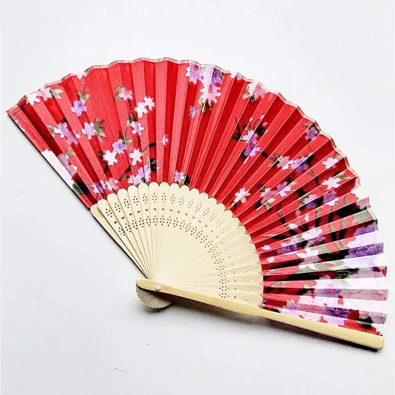 Elegant Foldable Cloth Hand Fans with Bamboo Ribs and Floral Print - Ideal for Weddings, Parties, and Dance Performances